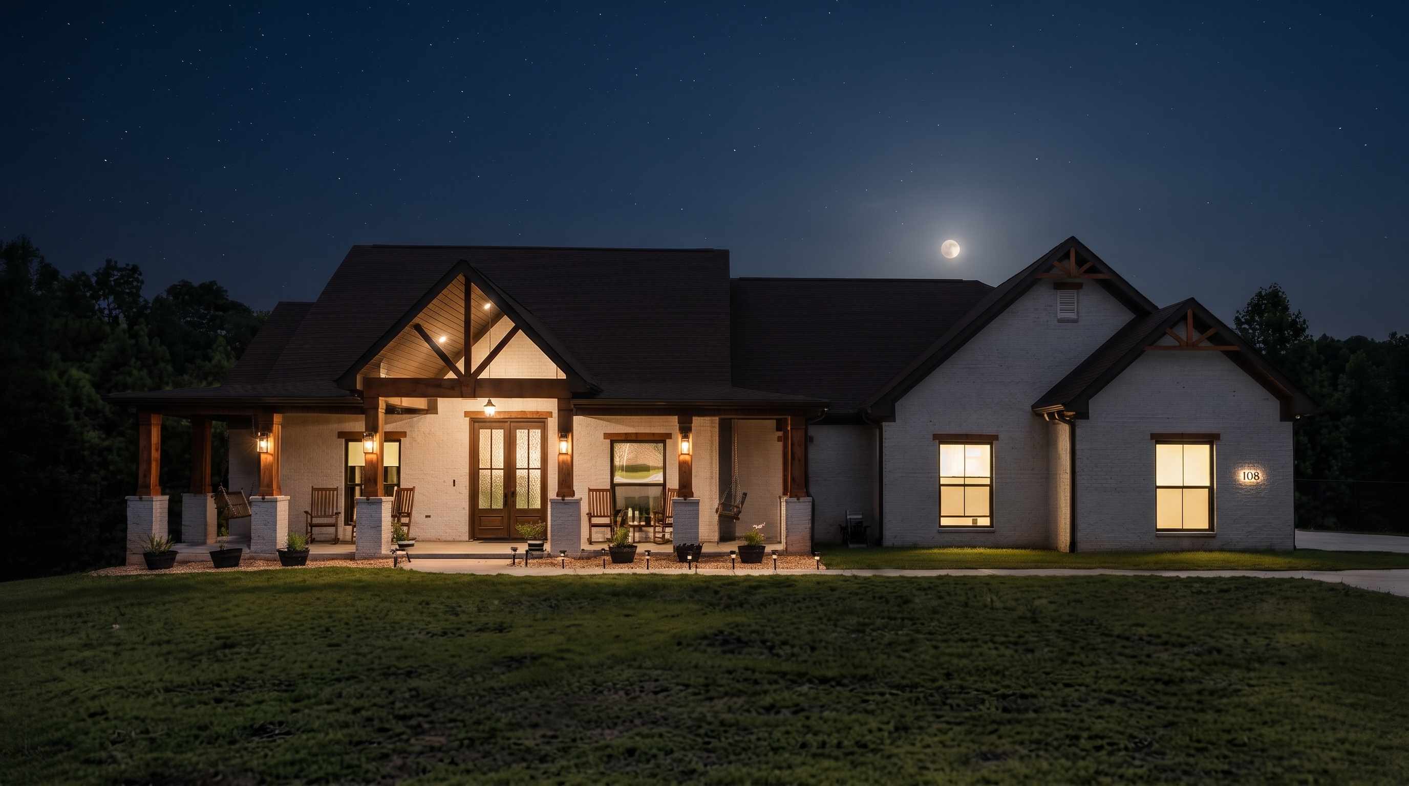 White brick craftsman home with covered front porch and timber accents under a moonlit night sky in Blossomwood, Huntsville Alabama