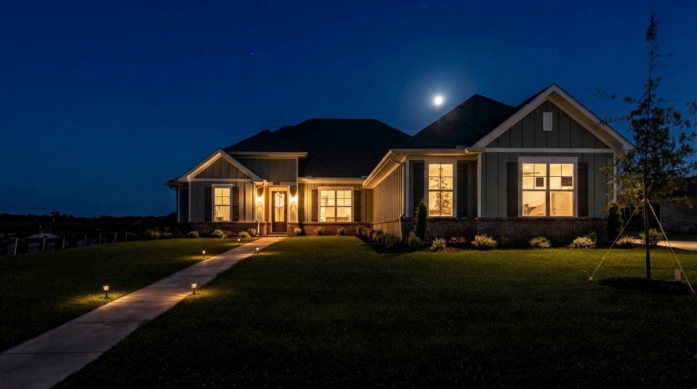 Craftsman-style D.R. Horton home at Greenbrier Preserve Madison Alabama illuminated at night under a full moon